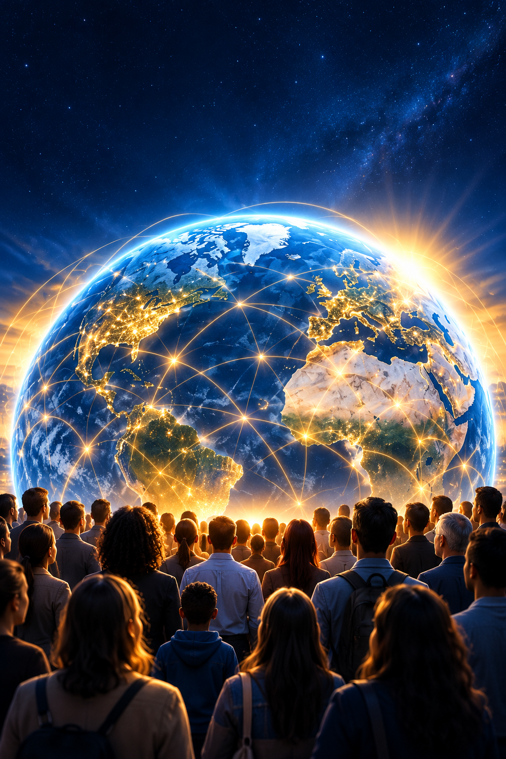 Visitors looking toward an illuminated Earth in a science pavilion